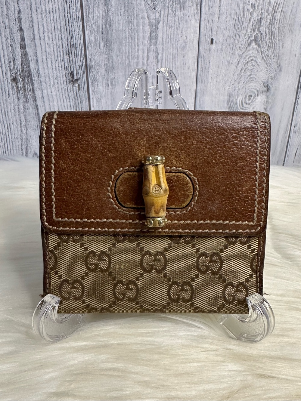 GUCCI Brown Leather & Beige GG Canvas Wallet with Bamboo Clasp